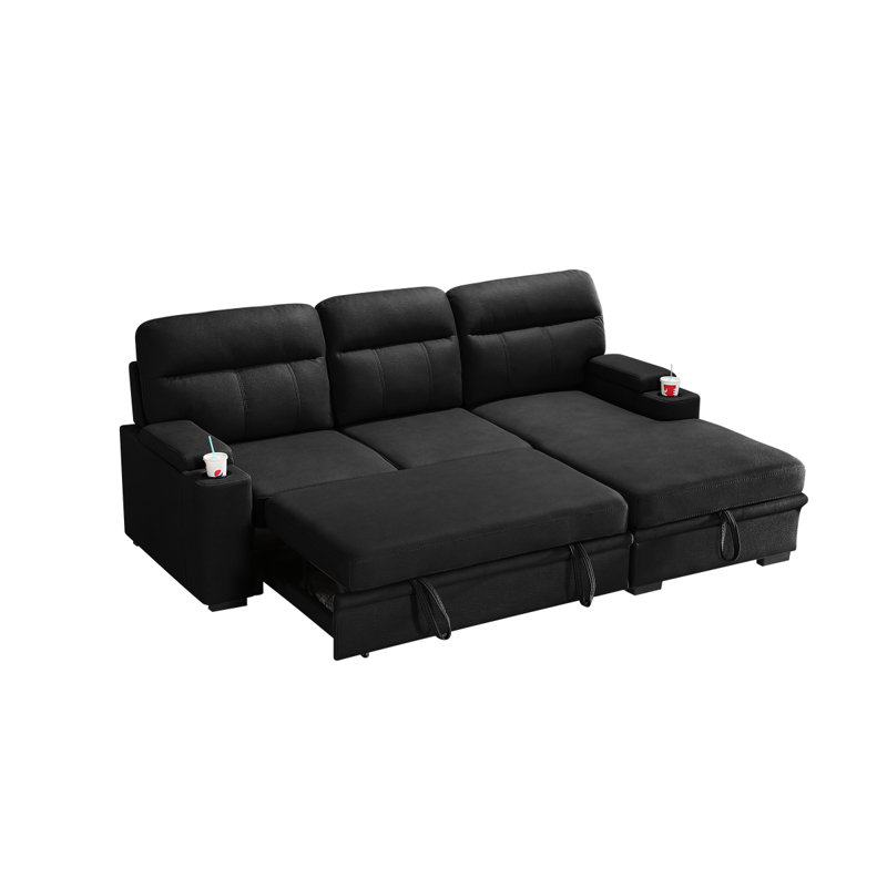 Kaden 93-Inch Black Polished Microfiber Sleeper Sectional Sofa With Right-Facing Chaise – L-Shaped Pull-Out Sleeper Bed, Dual Cupholders, Storage Arms, Contemporary Functional Design