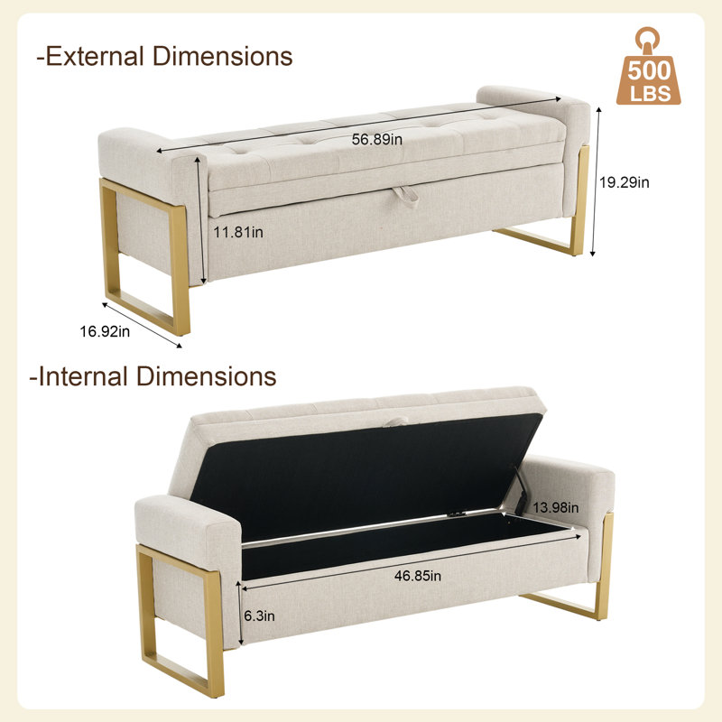 57'' Wide Tufted Rectangle Storage Ottoman, Beige Linen