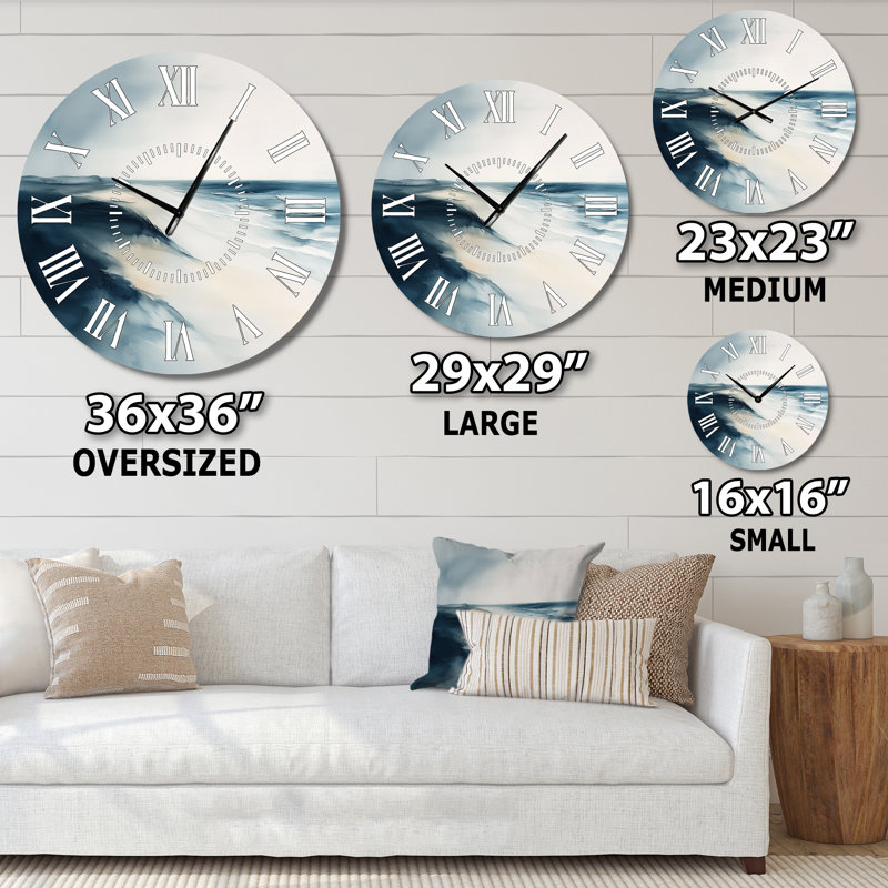 Vagues tranquilles à l'horizon de l'océan I - Horloge murale en métal silencieuse côtière, Médium