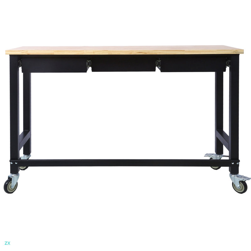 Banc de travail 60 po, banc de travail avec rangement de tiroir, table de travail en bois de bambou robuste avec roulettes pour le bureau à domicile