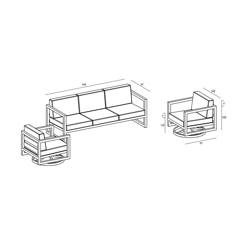 Avion 3 Piece Sofa Set With Swivel, Canvas Charcoal Sunbrella® Canvas, Slate