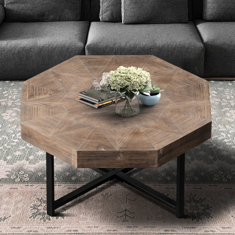 Table basse en bois brun antique avec une conception octogonale et une structure solide avec pieds en métal, Antique Brown