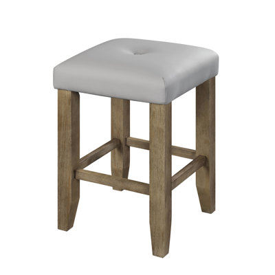 Counter Height Stool Of 2 In Gray Synthetic Leather With Oak Finish, Button Padded Seat, Storage Base, Tapered Legs, 60Mm Thick Cushion, D22 Foam, 100Lbs Capacity, 16" Seat Dimensions, 25" & Finish