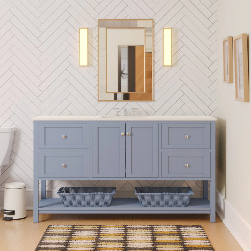 Binne 60" Single Bathroom Vanity Set, Powder Blue, Engineered White