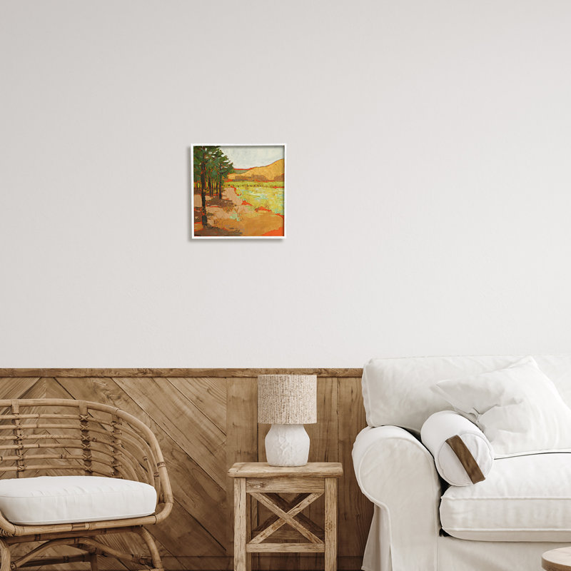 " Landscape " Acrylic Painting, 12" H x 12" W x 1.5" D, Coastal White Framed Giclee