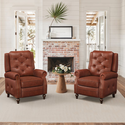 Modern Genuine Leather Manual Recliners With Nailhead Trim, Reclining Armchairs