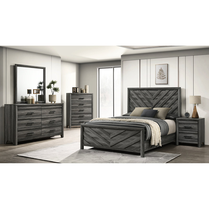 Lit double en bois gris - Avec une tête de lit élégante pour la chambre à coucher, de style moderne, sophistiqué et relaxant