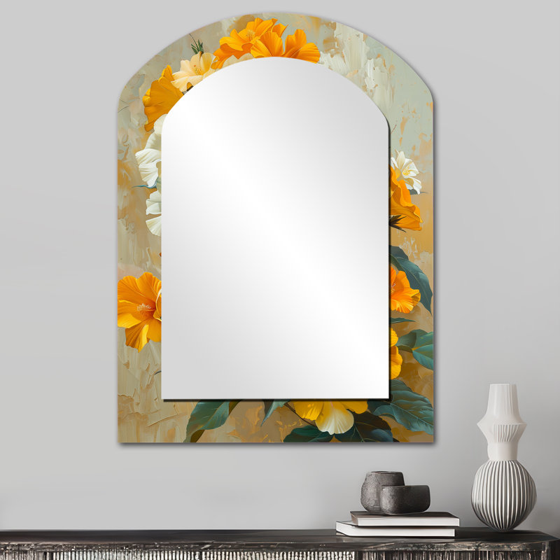 Vibrant Garden Orange White Morning Glory I - Morning Glory Asymmetrical Wall Mirror, Orange Arch Decorative Mirror, Printed Metal Art