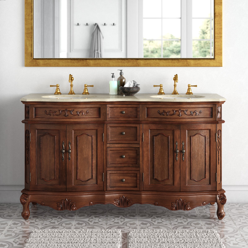 60'' Double Bathroom Vanity with Marble Top, Teak