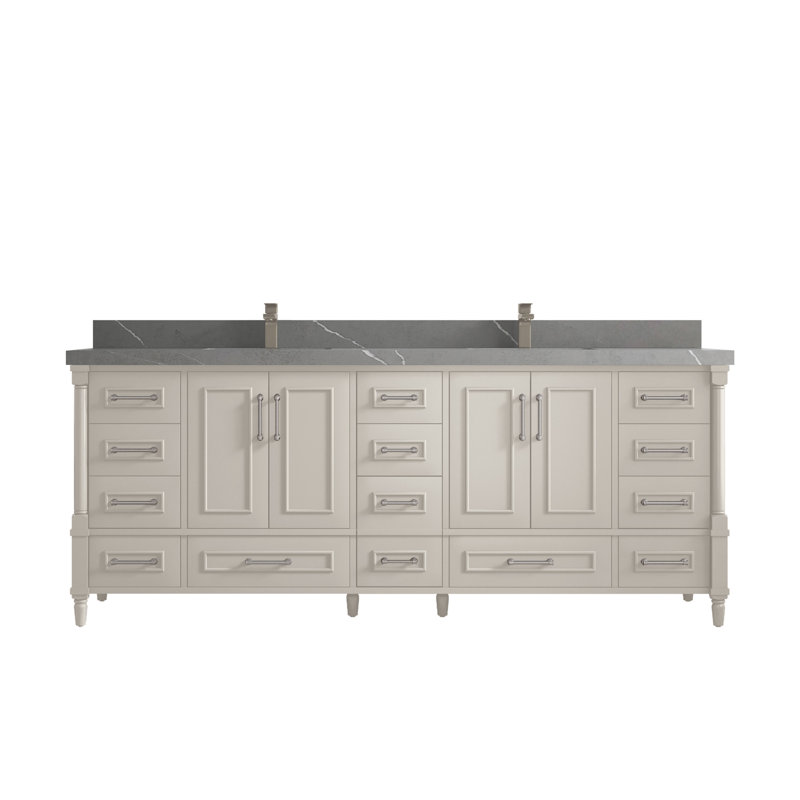 Aberdeen 84'' Double Bathroom Vanity with Quartz Top, Piatra Gray, Fine Grain