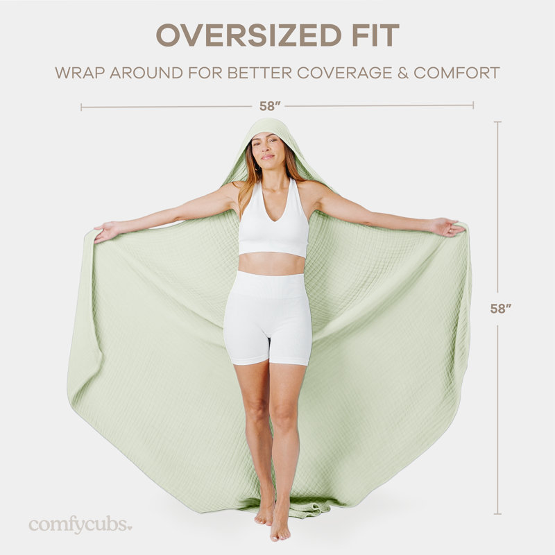 Comfy Cubs Adult Hooded Towel, Large Muslin Cotton Durable and Dual Function Wearable Blanket and Absorbent, Sage