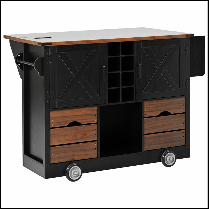 54 Inch Farmhouse Kitchen Island With Drop Leaf, Power Outlet, And Rolling Storage On 4 Large Wheels, Ideal For Modern And Rustic Kitchens