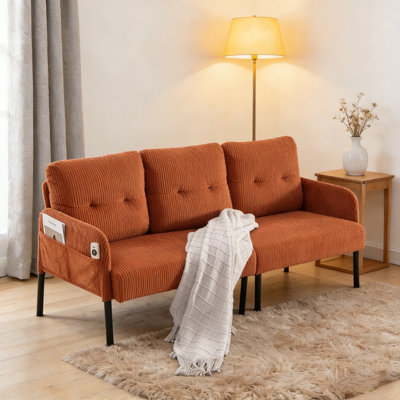 Oversized Plush Loveseat with Corduroy Upholstery, Side Pockets, and Metal Legs for Modern Living Spaces.