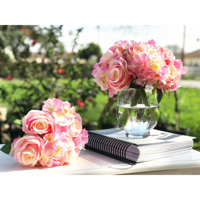 Agencement floral artificiel roses et hortensias, Rose / Jaune