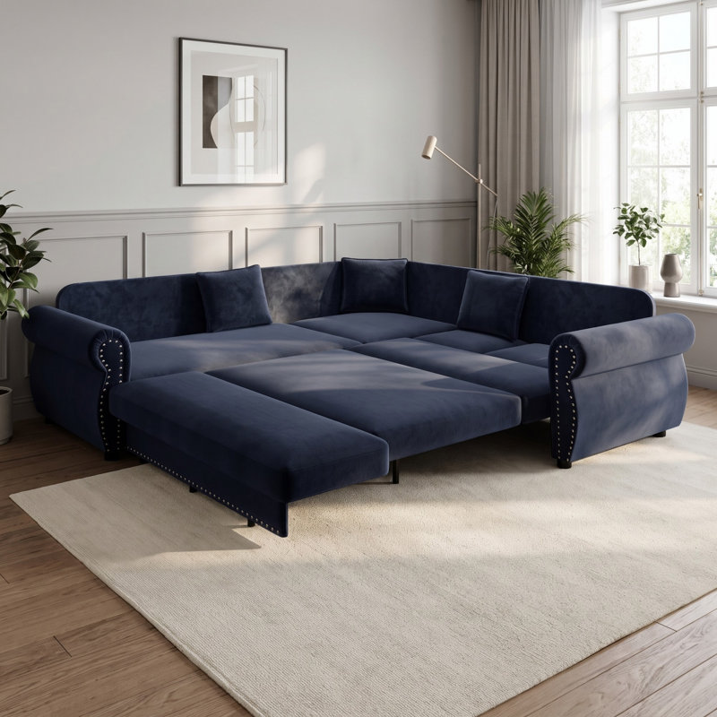 Canapé-lit en forme de L 88,22 "avec canapé-lit en canapé-lit convertible surdimensionné en chenille avec garniture cloutée et accoudoirs roulés