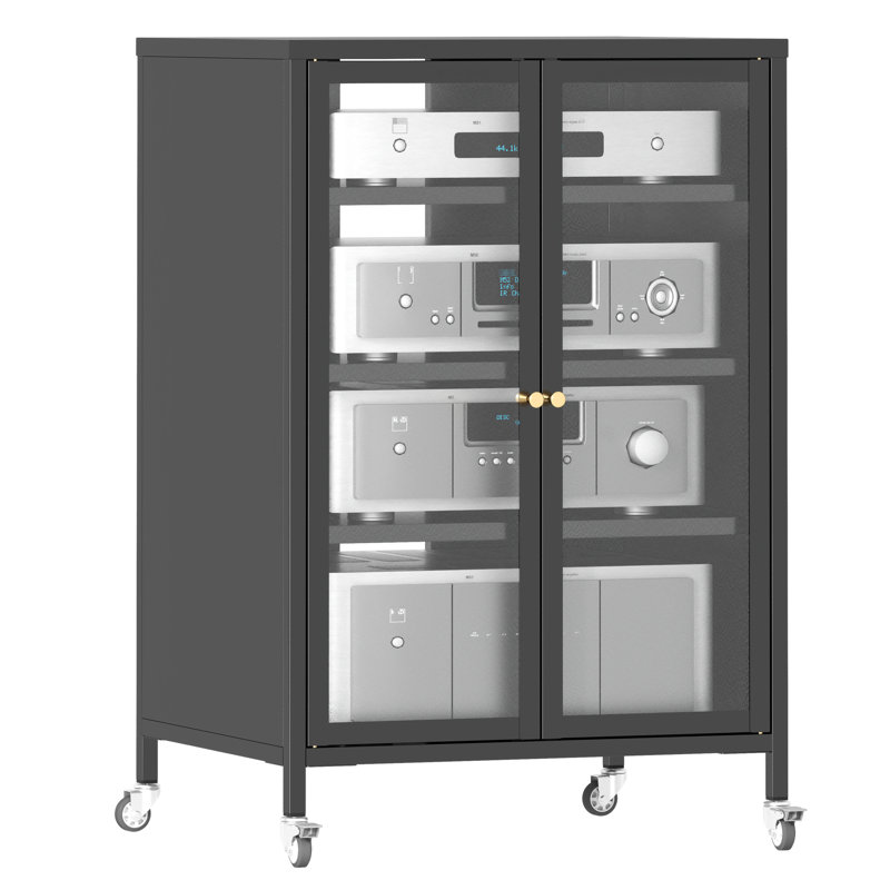 Meuble de rangement de 91 cm de haut pour équipement audiovisuel dans le salon, 4 tablettes en verre ajustables, structure en acier robuste et roulettes, montage facile.