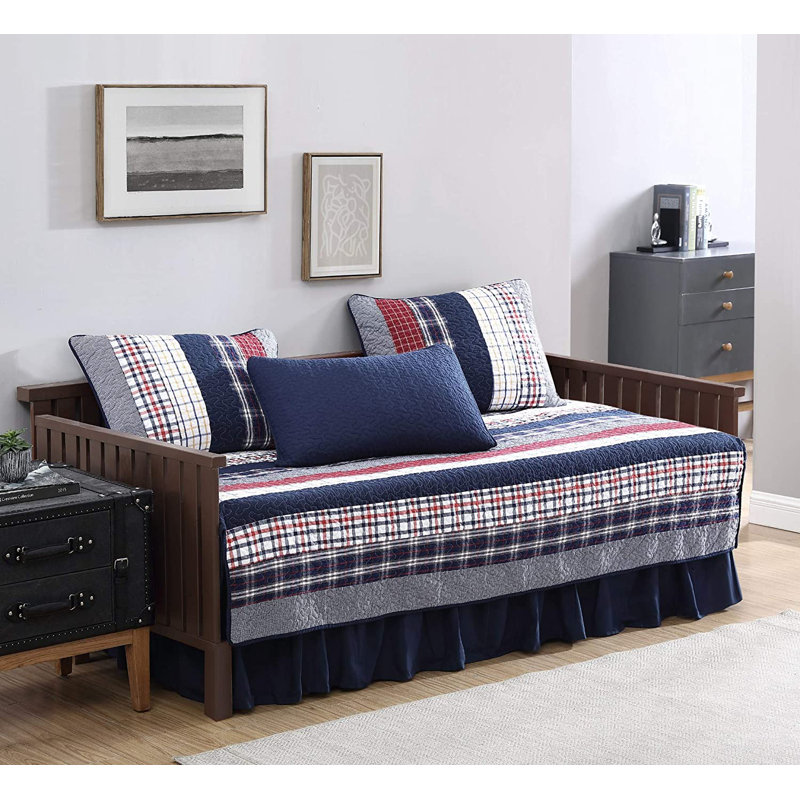 Navy 5-Piece Pre-Washed Cotton Striped Quilted Daybed Cover Set