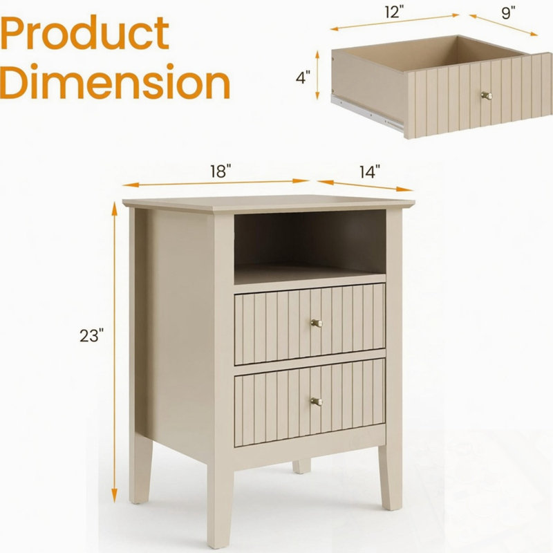 Table de chevet avec 2 tiroirs, Beige