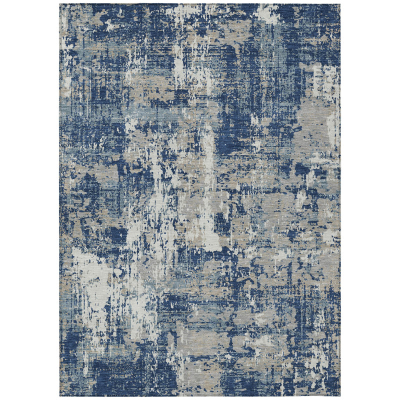 Tapis d'extérieur lavable abstrait 3 pi x 5 pi bleu marine et gris