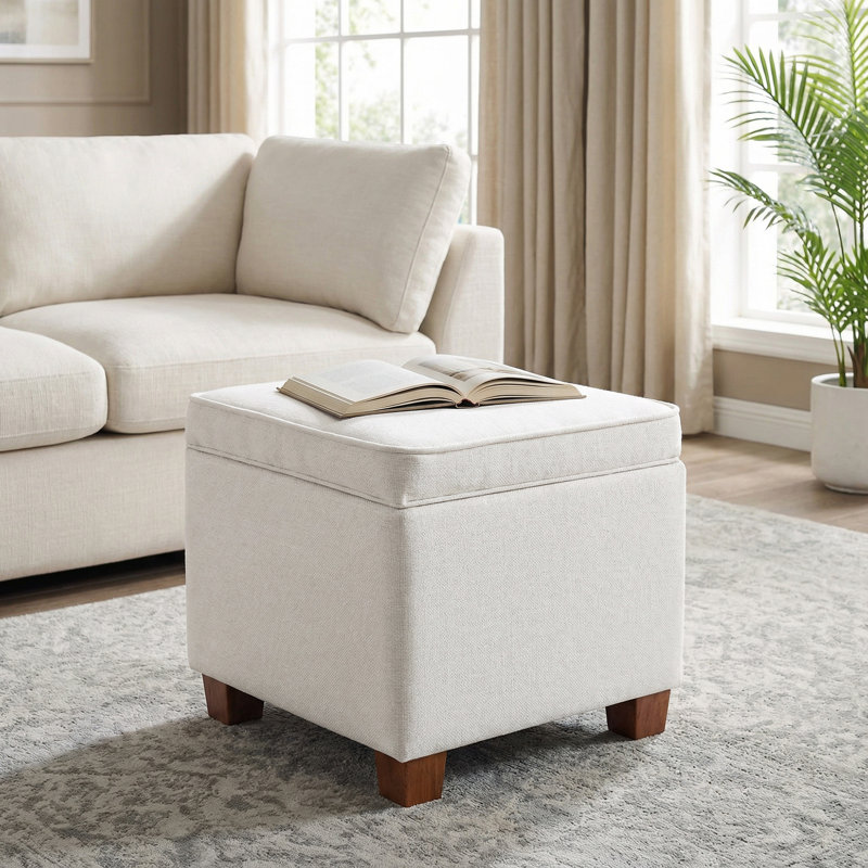 17.5" Square Storage Ottoman With Lift-Top, Upholstered In Linen/Faux Leather, Wooden Legs For Living Room Bedroom