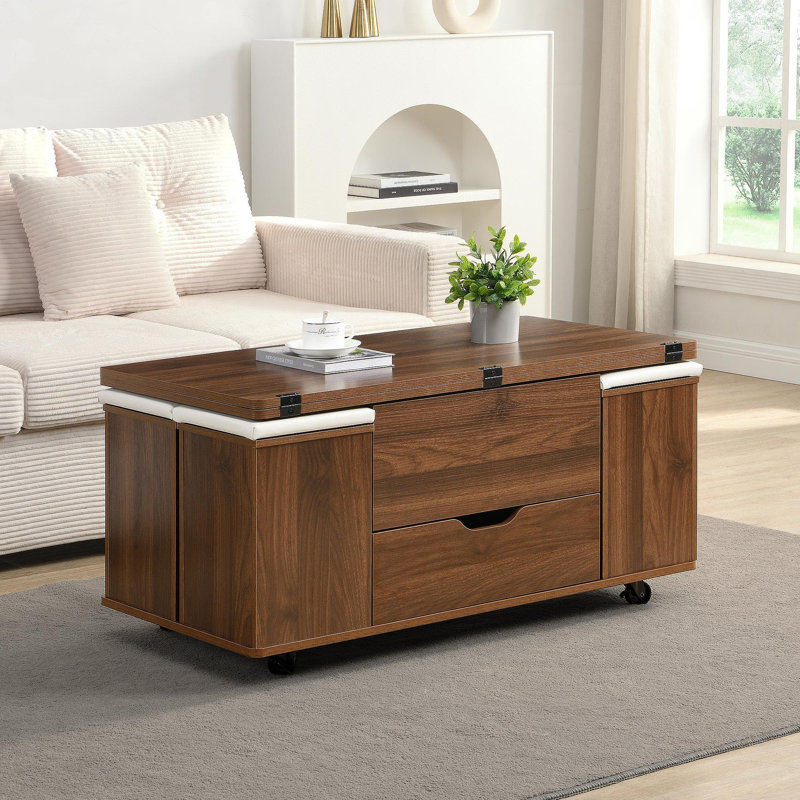 Table basse multifonctionnelle à plateau relevable avec rangement et tabourets cachés, table centrale moderne multifonctionnelle avec 4 tabourets et roulettes, parfaite pour les espaces de vie modernes - couleur noyer et blanc