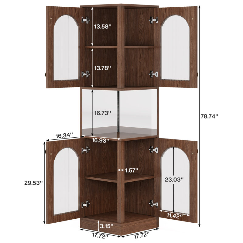 78” Rustic Corner Bookshelf Bookcase With Doors, Corner Display Cabinets With Led Light