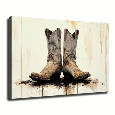 Vintage Worn Cowboy Boots Rustic Western Painting, Large Gallery Wrapped Canvas Wall Art Print For Living Room Bedroom