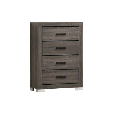 Commode moderne en bois transitionnelle avec poignées de bar, riche finition foncée pour un rangement élégant dans la chambre à coucher