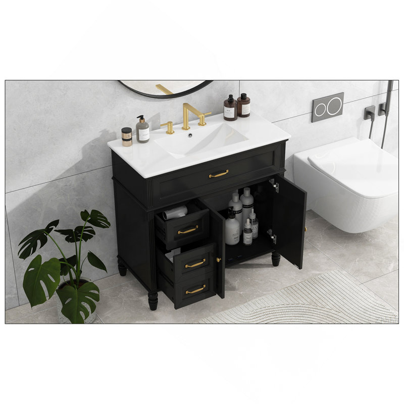 [Vidéo] Meuble-lavabo de 36 po avec lavabo, armoire de salle de bain avec tiroirs, cadre solide et panneau de fibres à densité moyenne, un paquet, noir