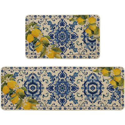 Blue Floral Lemons Kitchen Mats - Blue - Set Of 2 Low-Profile Floor Rugs, 17X29 & 17X47 Inch, Spring Home Decor