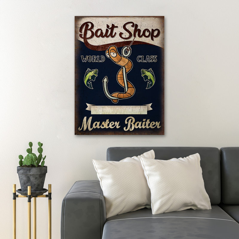 A Worm And Two Fishes - Bait Shop World Class Master Baiter - 1 Piece Rectangle Graphic Art Print On Wrapped Canvas