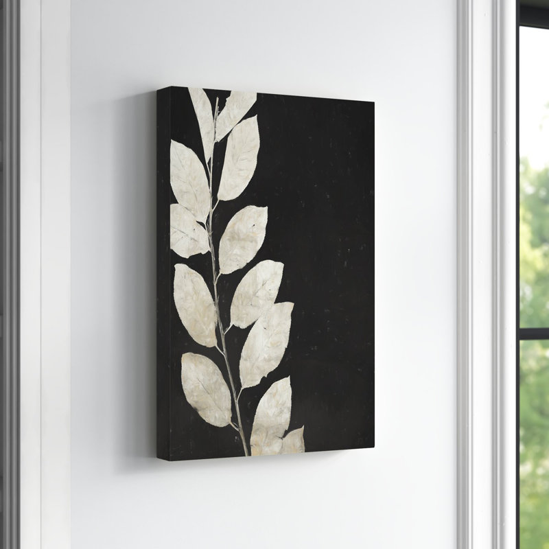 Tige feuillue noire et blanche - peinture sur toile tendue, H 18 po x l 12 po, Toile tendue, Sans cadre
