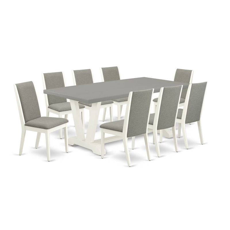 9-Piece Dining Room Table Set Consists of a Cement Wood Table and 8 Dark Shitake Linen Fabric Dining Chairs with High Back - Wire Brushed Linen White