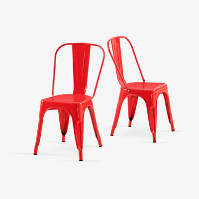 High Gloss Red Industrial Metal Dining Chairs Of 2, 18 Inch Seat Height, Indoor Outdoor Use, Stackable, Lightweight, Easy - Clean, Design Stackable Outdoor, Assembly, Modern