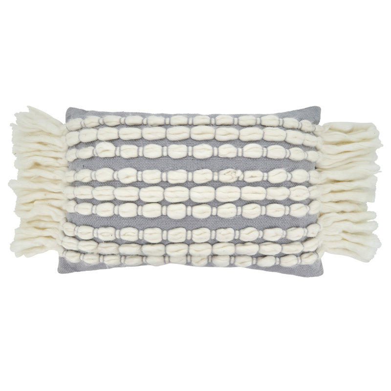 Gray and White Rectangular Chunky Fringe Throw Pillow