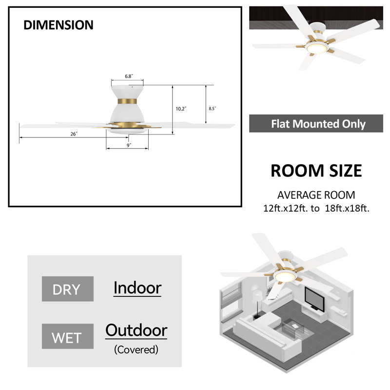  52" Smart Flush Mount Ceiling Fan with LED Lights, Remote Control