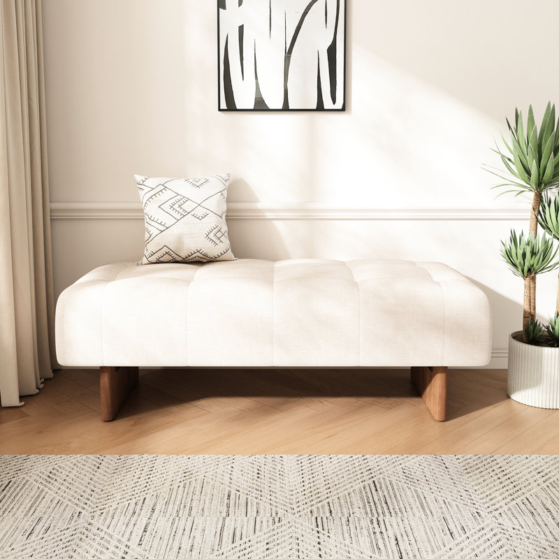 Banc rectangulaire en tissu de lin beige avec sièges confortables, système de ressorts ensachés et rembourrage en éponge haute densité à usages multiples, pieds en bois d'hévéa