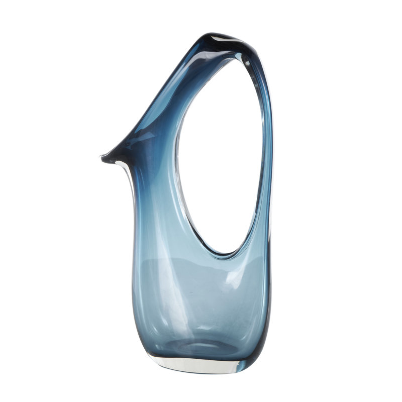 Kyonne Glass Abstract Decorative Blue Vase with Cutout Handle and Elongated Opening, 15.75" H x 8.75" W x 4.15" D