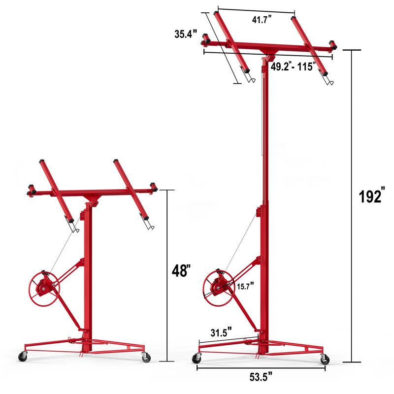 16 Ft Heavy Duty Drywall Lift, 150 LBS Rolling Sheetrock Hoist 360° Telescopic Arm & Lockable Wheels, Red, Red