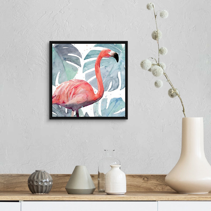 «Flamingo Splash I», art mural sur toile, Toile avec cadre noir, H 14 po x l 14 po