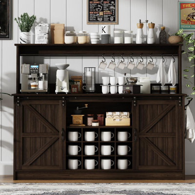 Coffee Bar Cabinet with Storage, 55 Inch Bar with Hutch, Tall Cabinet with Sliding Barn Doors, 12 Racks and 8 Hooks for Living Dining Room by Gracie Oaks