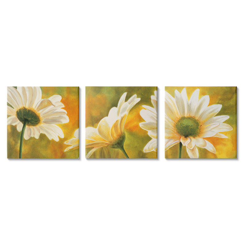 «Blooming Wild Daisies Field» par Pierre Viollet - peinture 3 pièces, H 17 po x l 51 po x P 1,5 po, Toile tendue