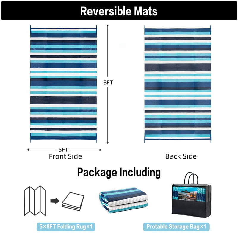 Tapis d'extérieur à rayures réversible imperméable Ellie, Rectangle de 5 pi x 8 pi, Bleu