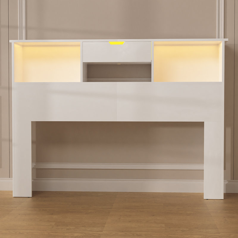 Queen Size Headboard,bed Headboard With Storage Shelf For Full Size Bed Frame,stylish Bookcase Headboard With Charging Station & Led Lights,engineered Wood Queen Size Headboard, Noise-free Headboard