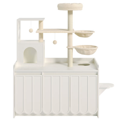 50.6"  Cat Tree with Litter Box Enclosure, 5Cat Tower with Sisal Scratching Post and Storage Space, Hidden Litter Enclosure Furniture, All-in-One Modern Cat Condo with House, Hammock and Perch, White