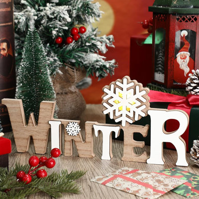 White Winter LED Wooden Sign – White – Wood / Rustic Tabletop Decor / Snowflake & Holiday Centerpiece