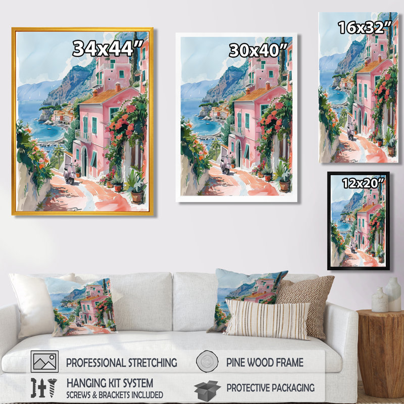 Impression d'art mural «Pink Coastal Village Italy III - Italy», Cadre flottant noir, H 12 po x l 20 po