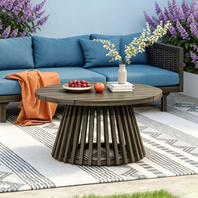 Grey Finish Acacia Wood Round Outdoor Coffee Table, Pedestal Patio Table For Backyard, Lawn & Balcony
