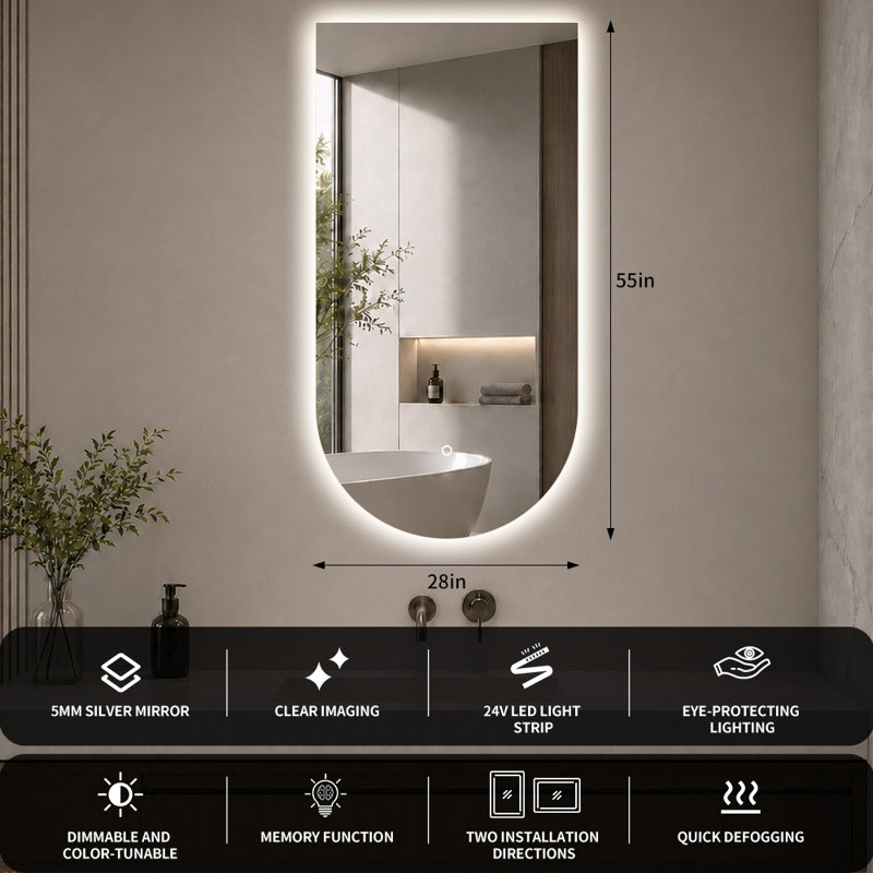 Miroir de salle de bain ovale rétroéclairé à DEL, 3 lumières à intensité variable avec verre antibuée et anti-déflagrant, miroir de meuble-lavabo mural moderne pour salle de bain
