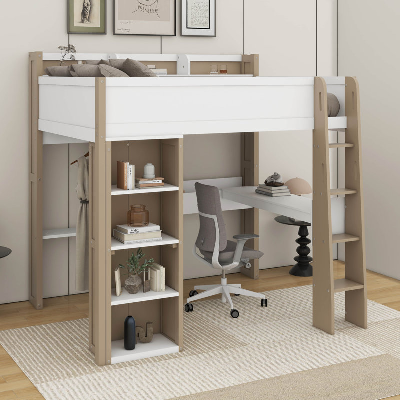 Lit mezzanine en bois pleine grandeur avec tablettes, portemanteaux et bureau, Blanc/naturel